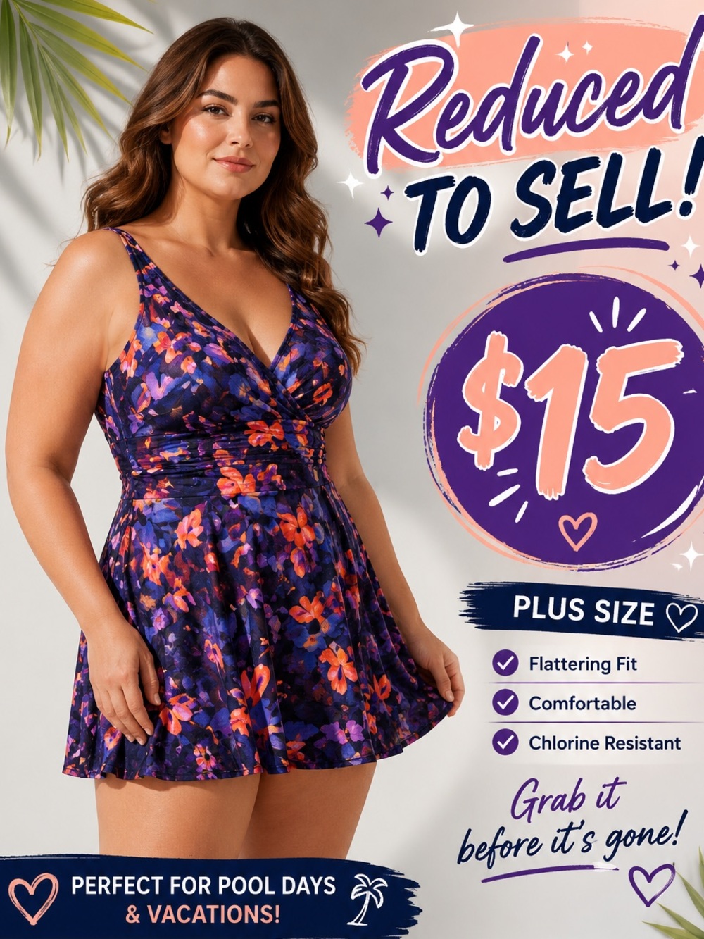 Denim & Co. Purple Floral Wrap Style One Piece Plus Swim 22W Resortwear vacation